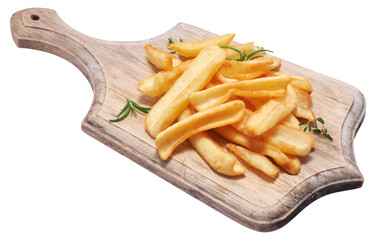 French fries potatoes on wooden serving board isolated