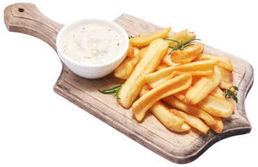 French fries potatoes on on wooden serving board isolated