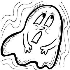 Scary cute Halloween ghost vector with funny face hand drawn illustration. Night spirit. Comic cartoon personage character for decorative design, poster print. decoration celebration, party invitation