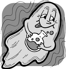 Scary cute Halloween ghost vector with funny face hand drawn illustration. Night spirit. Comic cartoon personage character for decorative design, poster print. decoration celebration, party invitation