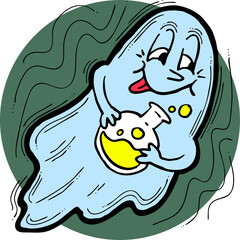 Scary cute Halloween ghost vector with funny face hand drawn illustration. Night spirit. Comic cartoon personage character for decorative design, poster print. decoration celebration, party invitation