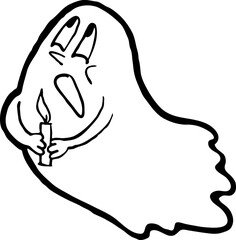 Scary cute Halloween ghost vector with funny face hand drawn illustration. Night spirit. Comic cartoon personage character for decorative design, poster print. decoration celebration, party invitation