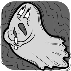 Scary cute Halloween ghost vector with funny face hand drawn illustration. Night spirit. Comic cartoon personage character for decorative design, poster print. decoration celebration, party invitation