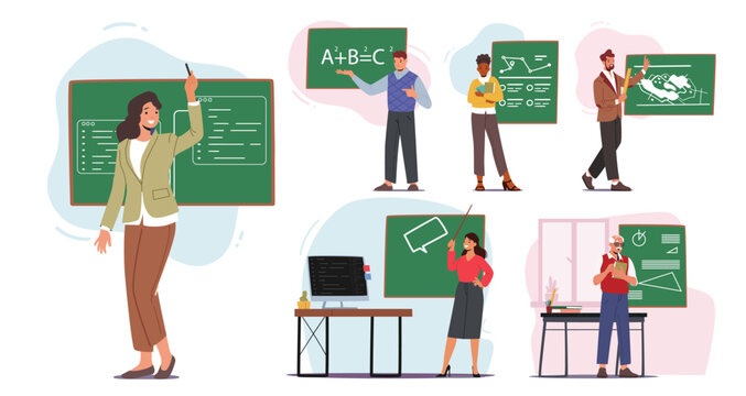 Set Of Teachers Stand At Blackboard. Tutors Teach Different Subjects Isolated On White Background. Cartoon People