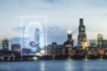 Abstract virtual fingerprint hologram on blurry skyline background. Multiexposure
