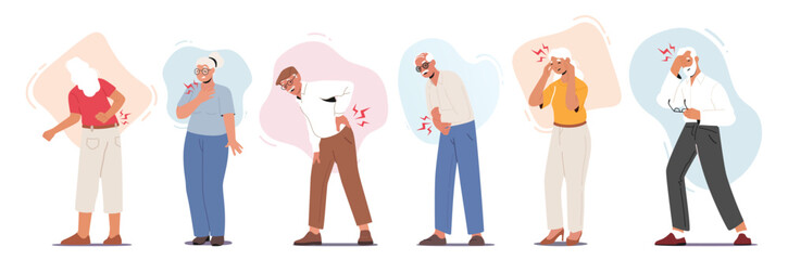 Set Elderly People Suffer of Ache in Body Parts Back, Head, Arms and Heart. Senior Characters Feel Pain. Health Problem