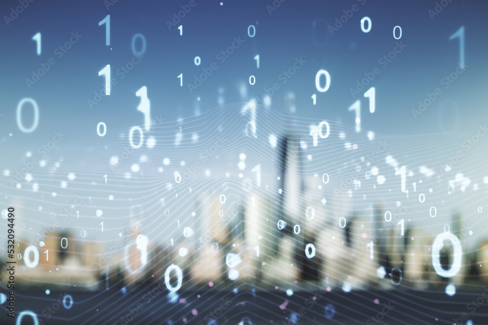 Leinwandbilder Abstract virtual binary code illustration on blurry skyline background. Big data and coding concept. Multiexposure