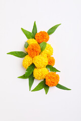 Happy Dussehra greeting card , green leaf and marigold flower.