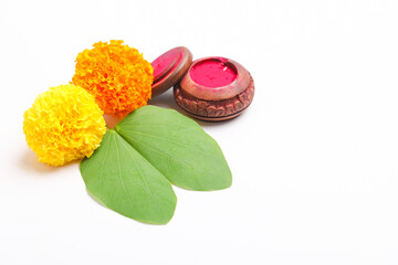 Happy Dussehra greeting card, green leaf,Rice and kumkum.