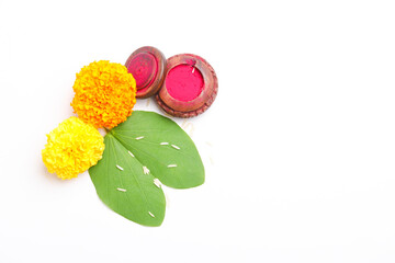 Happy Dussehra greeting card, green leaf,Rice and kumkum.