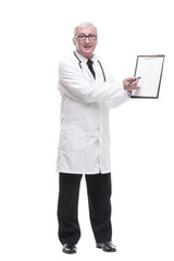 qualified mature doctor with clipboard. isolated on a white