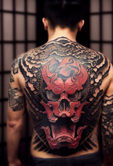 Japanese yakuza with tattoo on body.3d illustration