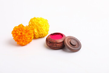 Happy Dussehra greeting card, green leaf,Rice and kumkum.