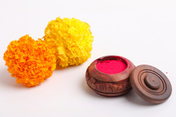 Happy Dussehra greeting card, green leaf,Rice and kumkum.