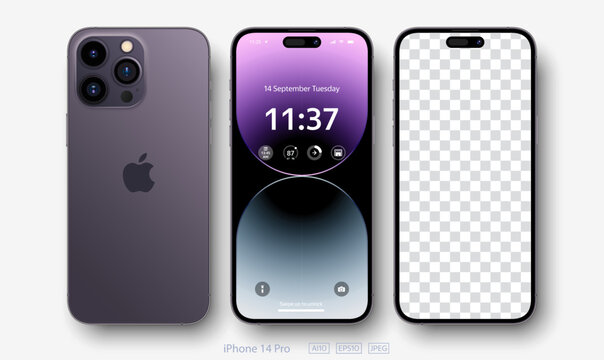 INDIA, GOA - SEPTEMBER 21, 2022: New iPhone 14 pro / pro max Deep Purple color by Apple Inc. Mock-up screen iphone and back side iphone. High Quality Vector illustration EPS 10	
