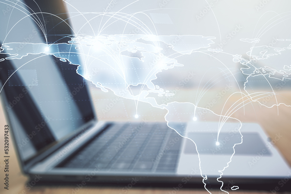 Poster Double exposure of abstract digital world map with connections on computer background, big data and blockchain concept