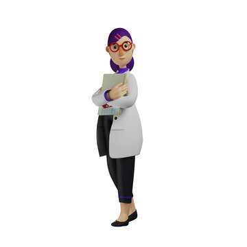 3D  illustration. 3D Cartoon Charming Female Doctor wearing white jacket. bring a notebook. half tilt body pose with laugh. 3D Cartoon Character