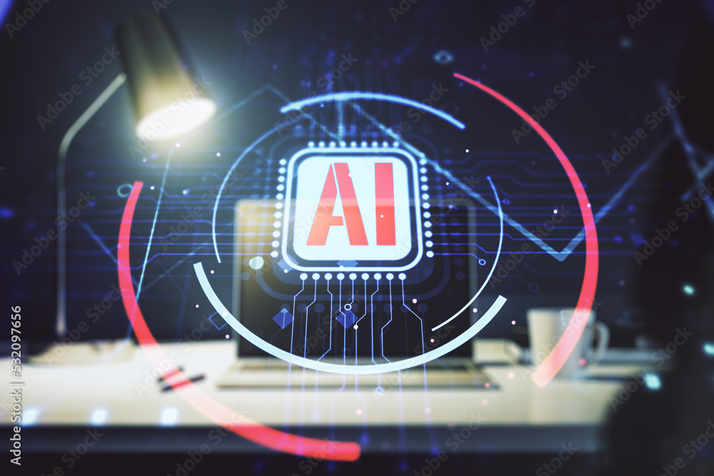 Poster double exposure of creative artificial intelligence abbreviation with computer on background. future