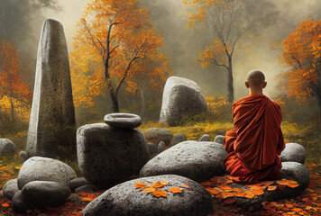 A meditating monk in the autumn forest. Realistic digital illustration. Fantastic Background. Concept Art. CG Artwork. - obrazy, fototapety, plakaty