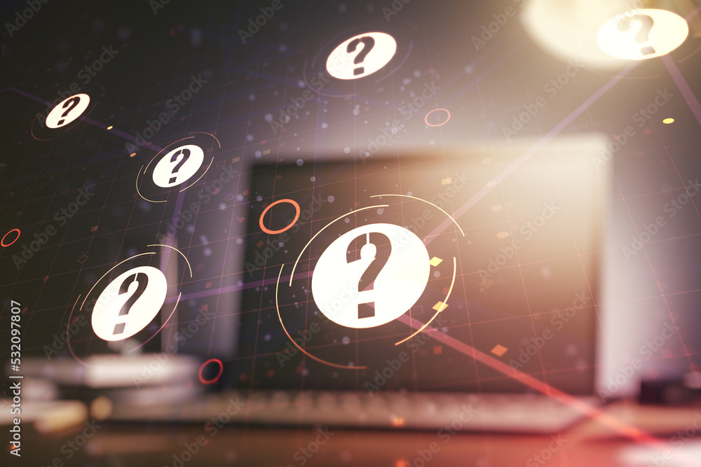 Aufkleber creative abstract question mark sketch on modern laptop background, faq and research concept. double