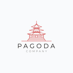 Minimalist line art pagoda temple logo vector illustration design. Simple three tiered pagoda with eaves label design.