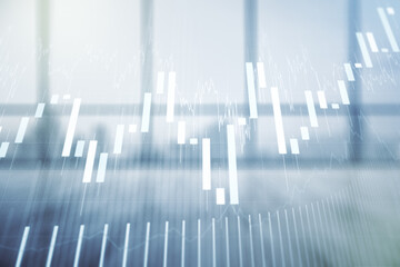 Multi exposure of virtual abstract financial graph interface on modern interior background, financial and trading concept