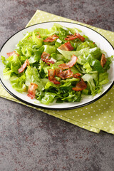 Classic Wilted Lettuce Salad With Bacon Dressing closeup in the plate on the table. Vertical