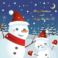 Snow scene at night with 2 little snowmen and pine trees