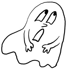 Scary and cute Halloween ghost with funny face hand drawn illustration. Night spirit. Comic cartoon personage character for decorative design, poster print. decoration celebration, party invitation.