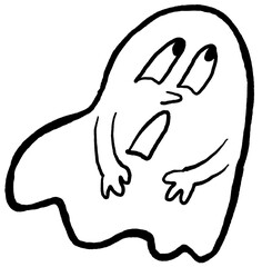 Scary and cute Halloween ghost with funny face hand drawn illustration. Night spirit. Comic cartoon personage character for decorative design, poster print. decoration celebration, party invitation.