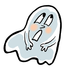 Scary and cute Halloween ghost with funny face hand drawn illustration. Night spirit. Comic cartoon personage character for decorative design, poster print. decoration celebration, party invitation.