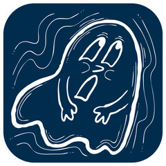 Scary and cute Halloween ghost with funny face hand drawn illustration. Night spirit. Comic cartoon personage character for decorative design, poster print. decoration celebration, party invitation.