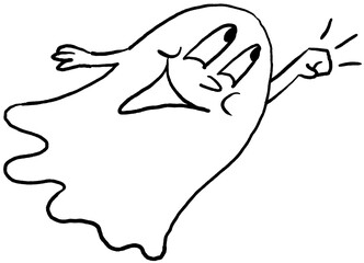 Scary and cute Halloween ghost with funny face hand drawn illustration. Night spirit. Comic cartoon personage character for decorative design, poster print. decoration celebration, party invitation.