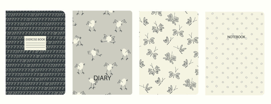 Set of cover page templates based on patterns with chickens, birds, butterflies, moths, plaid, abstract circles. Blue, Backgrounds for notebooks, notepads, diaries, planner. Headers isolated