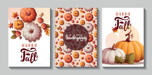 Set of autumn cards with colorful pumpkins. Handwritten lettering. Autumn, harvest, festive, holiday concept. Vector illustration. Card, cover, postcard.