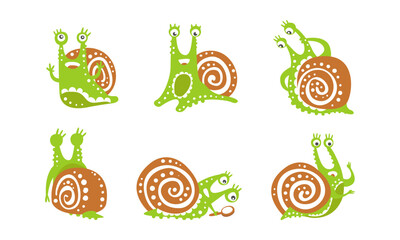 Set of cute snails with funny faces and different emotions cartoon vector illustration