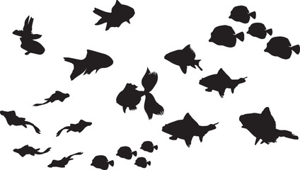 Fototapeta na wymiar Fish black and white silhouettes set of marine animals