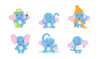 Cute baby elephants in different activities. Funny african animal watering flowers, crying, taking shower, walking wearing knitted hat and scarf cartoon vector illustration