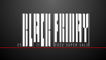 White Black Friday text in barcode style on black background with scaner red line. Vector futuristic sale concept. 25 november super sale