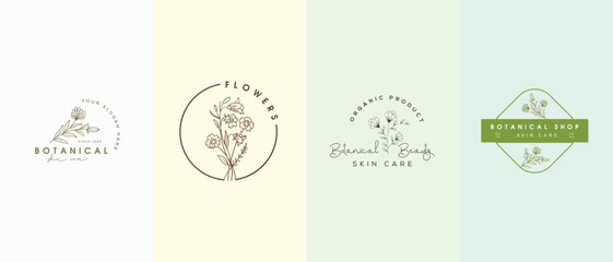 Floral botanical illustration collection for beauty natural organic abstract retro style logo pack