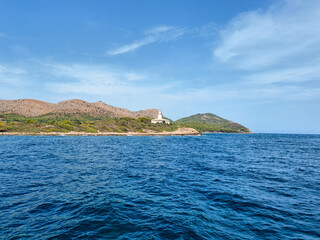 Summer landscape blue sea and mountains copy space