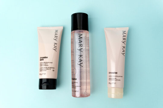 Tyumen, Russia-July 19, 2022: Mary kay TimeWise Repair anti-aging cream system. Blue background