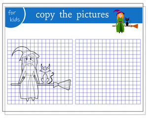 Copy the picture, educational games for children, cartoon witch flying on a broom with a cat. vector