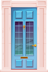 Fototapeta na wymiar Blue wooden front door with marble stone doorway