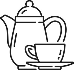 Ceramic porcelain teapot and cup on plate tea sign