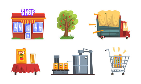 Apple juice production set. Harvesting, packaging and delivery product to shop vector illustration
