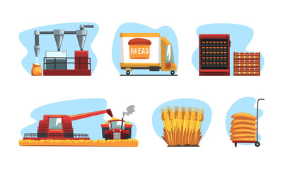 Flour and bread production from harvesting to freshly baked bread set vector illustration
