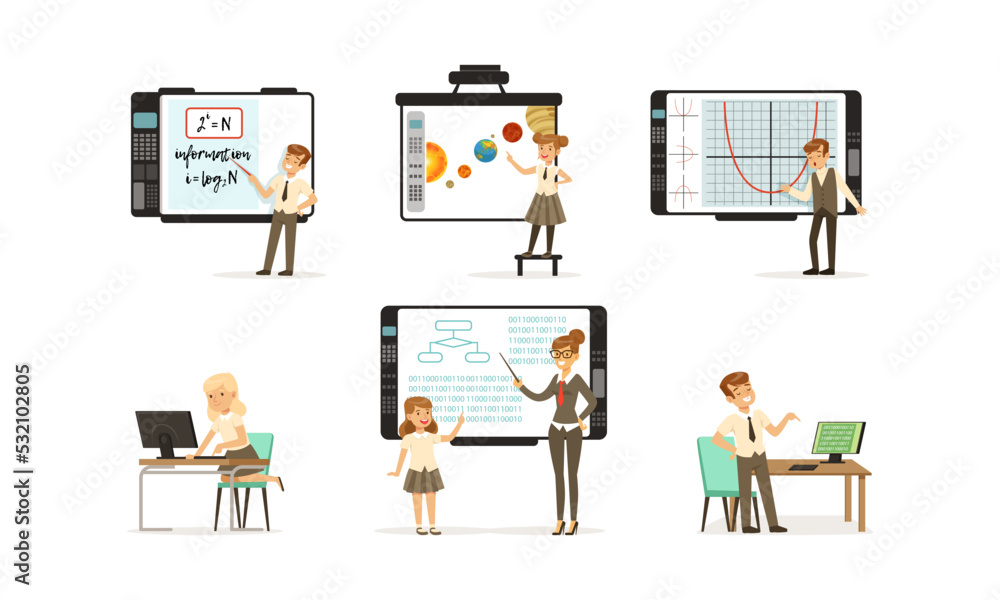 Poster elementary school students at programming lesson. cute cheerful boys and girls in school uniform pro