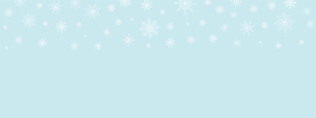 Winter blue background with snowflakes horizontal seamless pattern. White snowflakes on blue background. Vector snowflakes scattered banner for christmas sale, new year congratulation. Copy space.