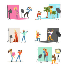 Fototapeta premium Male photographers working at photographic studio photographing models during photo session set flat vector illustrati